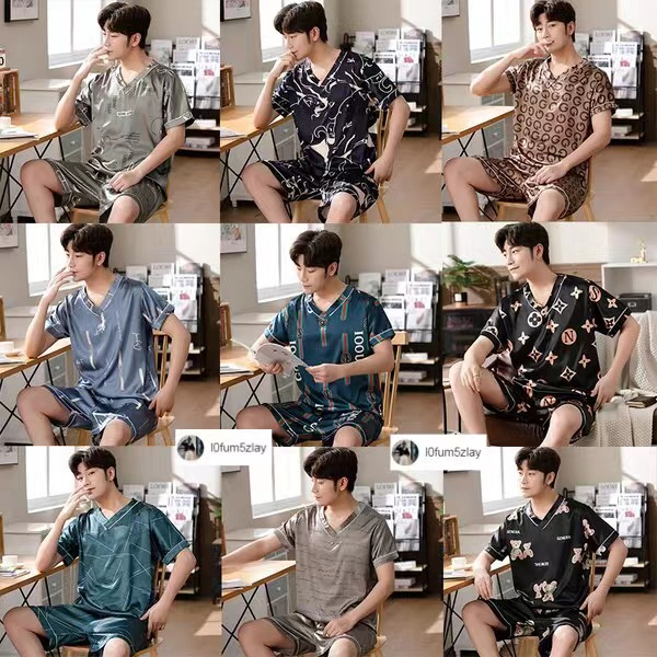 ⭐️{ราคาถูกที่สุด}ชุดนอนเกาหลีใหม่ล่าสุด，ชุดนอนผ้าซาตินผู้ชาย，รูปแบบการออกแบบคอวีมีให้เลือกถึง 9 แบบ，L-3XL