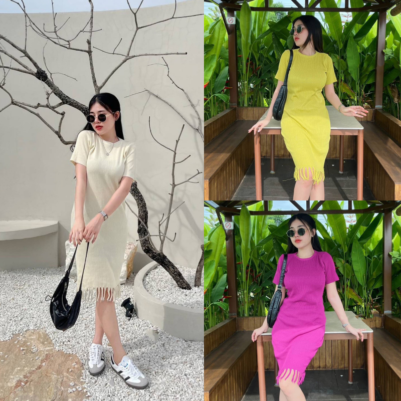 SpinnyHouse เดรสไหมพรม ทรงคอกลมแขนสั้น สาวอวบใส่ได้ ผ้ายืดตามตัว ช่วงชายแต่งฝอย น่ารักมาก รุ่น หมากเหลือง