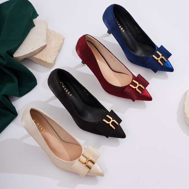 ✨พรีเมี่ยมผ้าไหม✨ คัทชูสุดหรู❌ แบรนด์Chillichic (ccn09) งานเรียบหรูไฮโซ ส้นสูง3นิ้ว สวยมาก