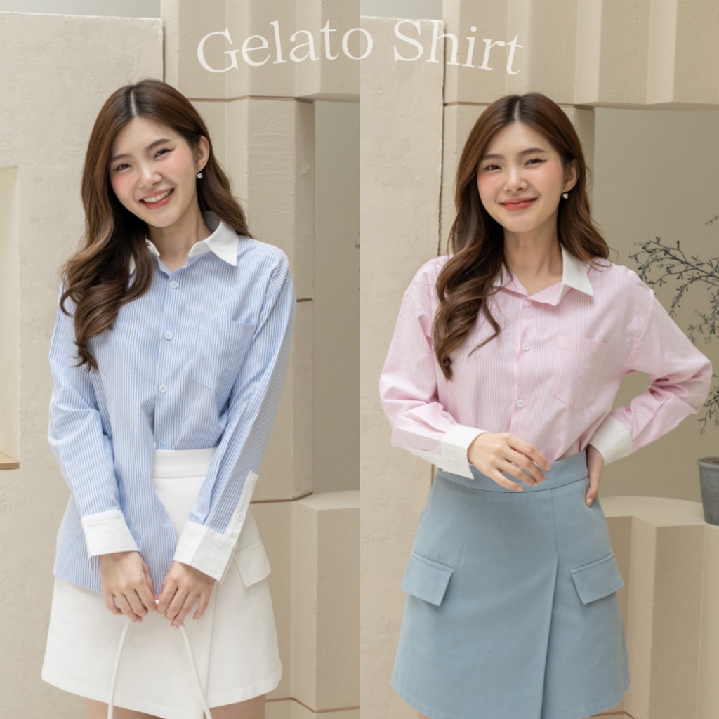 Onceandtwice | Gelato Shirt เสื้อเชิ้ตแขนยาว เสื้อเชิ้ตลายทาง สลับปกสีขาว ทรงสวยเกาหลีเกาใจ มี 2 สี