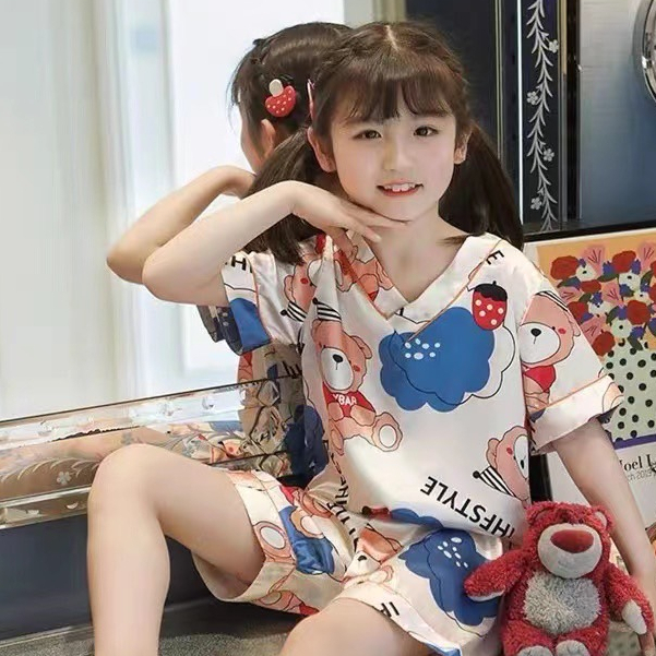 TT3333 ชุดนอนเด็กแขนสั้นขาสั้น คอวี ลายการ์ตูน ผ้าซาตินน่ารักๆ ราคาถูกๆนิ่มใส่สบายมาแรงในขนาดนี้ (สินค้าพร้อมส่ง)
