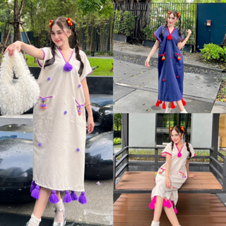 เดรสพื้นเมือง คอวี งานเย็บมือ แต่งตุ้ม 3D น่ารักๆ