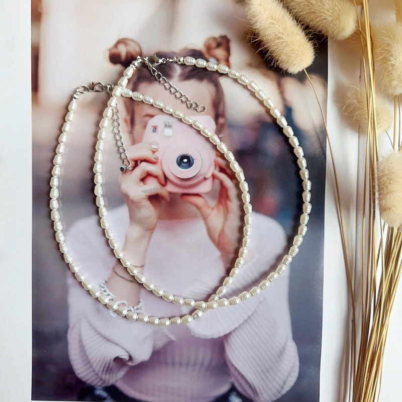 สร้อยคอไข่มุกเทียม (ขนาด 3-4 มิล)พลาสติกน้ำหนักเบา [พร้อมส่ง]