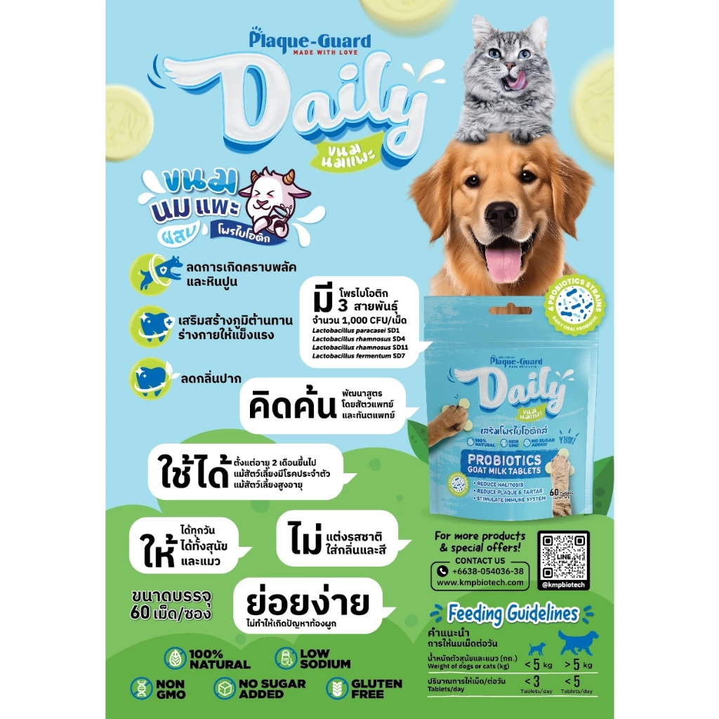ขนมสุนัข แมว โพรไบโอติกส์ผสมนมแพะอัดเม็ด ลดกลิ่นปาก Plaque-Guard Daily พลัค-การ์ด เดลิ  60 เม็ด thumbnail 5