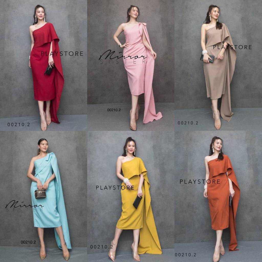 Mirrorsister​ 00210.2 เดรสทรงสไบสีพื้น ช่วงบนดีไซน์ไหล่เดียวเก๋ หางยาวพาดไปด้านหลัง มีเชือกเส้นน้อยๆให้ผูกตรงไหล่