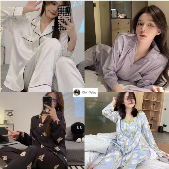 🌷M-5XL(ราคาที่ถูกที่สุด)ชุดนอนเวอร์ชั่นเกาหลี，ชุดนอนผ้าซาตินสําหรับผู้หญิง，แขนยาว， สไตล์มินิมอล