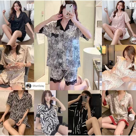 (ราคาต่ำสุด)สไตล์ญี่ปุ่นและเกาหลี，ชุดนอนแขนสั้นผู้หญิง，ซาตินเรียบ，เสื้อคาร์ดิแกน，12 สไตล์，กางเกง+เสื้อ，M-2XL