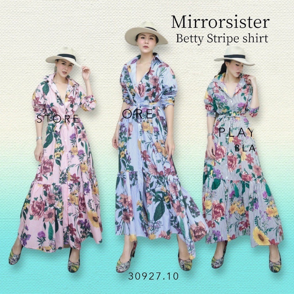 Mirrorsister 30927.10 เดรสเชิ้ตตัวยาว ตีเกร็ดหน้าหลัง ทรงเก๋ ลายริ้วทางลงและดอกไม้นานาพันธุ์