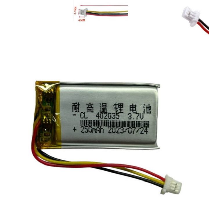 battery 250mAh ขนาด 1.25 หนา เข้าหัว 402035 แรงดัน 3.7v  แบบ 3 สาย มีขั้วต่อ