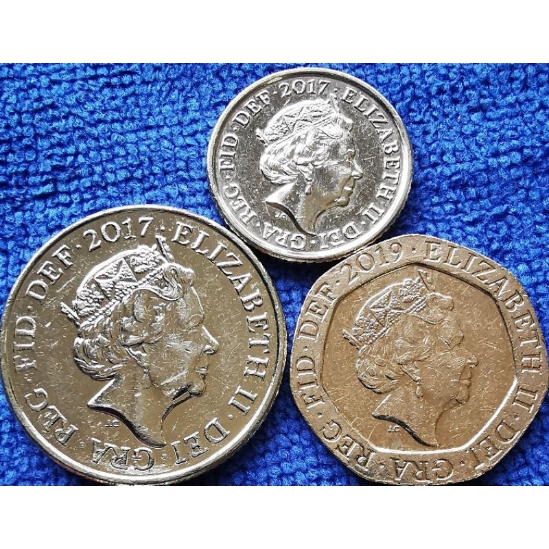 เหรียญ​อังกฤษ​ UK, ชุดใหม่สุด(5th portrait), 5,10,20,Pence, #​3280T, ใช้แล้ว​