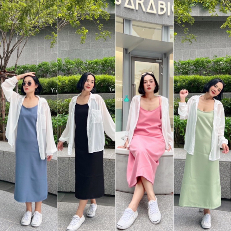 ชุด 2 ชิ้นสาวอวบเดรสสายเดี่ยวปรับ+แมชเสื้อเชิ้ตoversizeชีฟอง ไซส์ใหญ่ สาวอวบYY