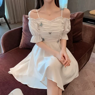 มินิ เดรสสีขาว ชุดน่ารักสไตล์เกาหลี เจ้าหญิง กระโปรงสาวอวบ กระโปรงทรงเอ ชุดราตรี เดรสคอเหลี่ยม เสื้อผ้าแฟชั่นผู้หญิง ชุด