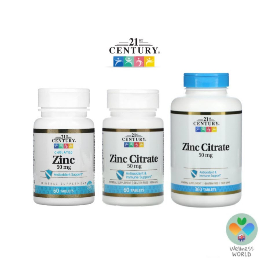 [พร้อมส่ง]  21st Century Zinc Citrate / Zinc Chelate 50 mg , ซิงค์ ลดสิว บำรุงผม เล็บ - 60 เม็ด และ 360 เม็ด