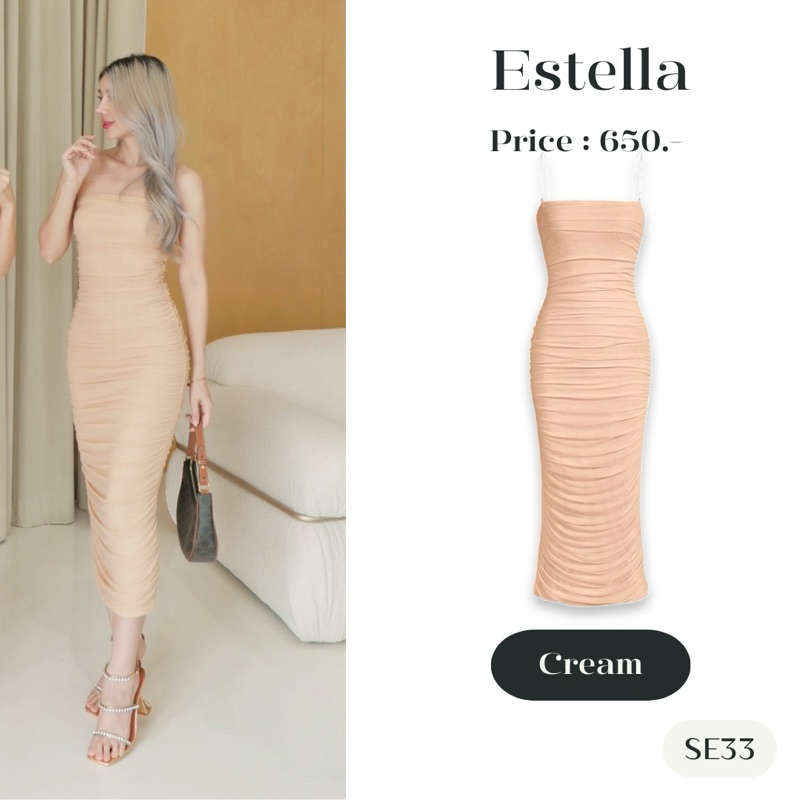 SE33 l ESTELAA DRESS เดรสผ่าย่น สายเพชร