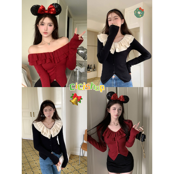 Cicishop(T548/L035)เสื้อไหมพรมแขนยาวคอระบาย ดีเทลแต่งกระดุม ใส่แล้วเข้ารูปทรงสวย