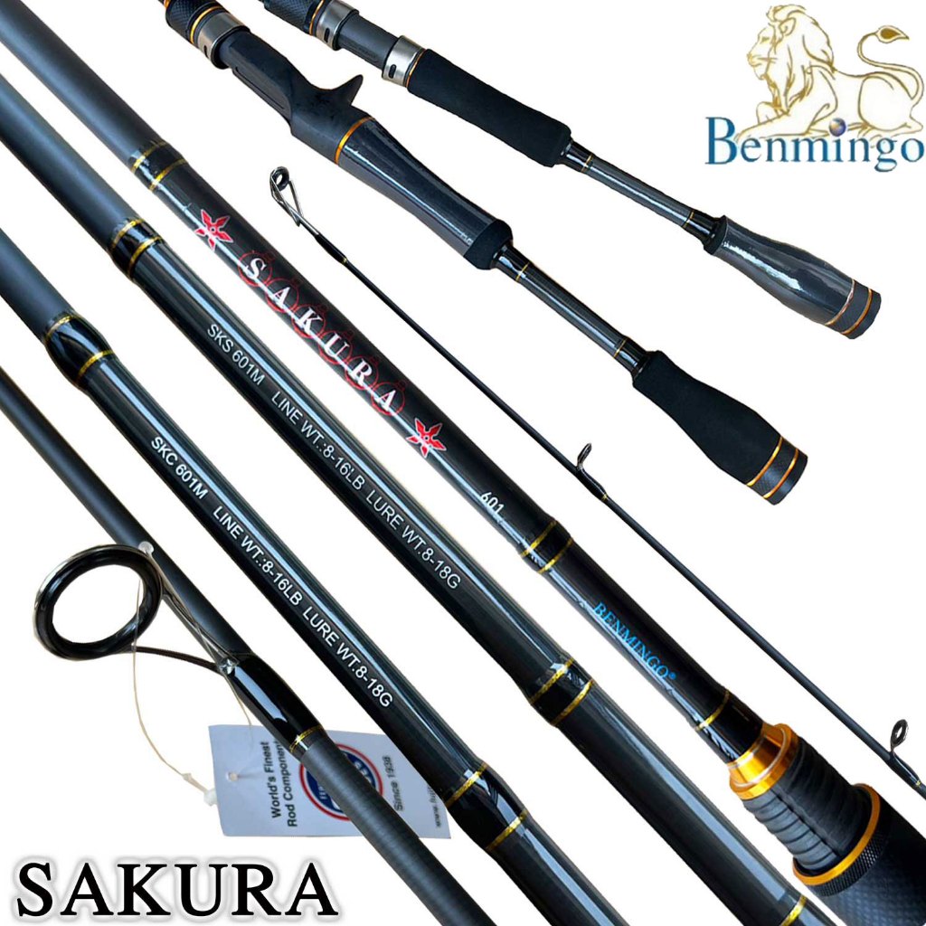 คัน Benmingo Sakura คันตีเหยื่อปลอม 1 ท่อน สปินนิ่ง ขนาด 6 ฟุต สีดำทอง เวท 8-16lb ไกด์ Fuji / รีซีท 