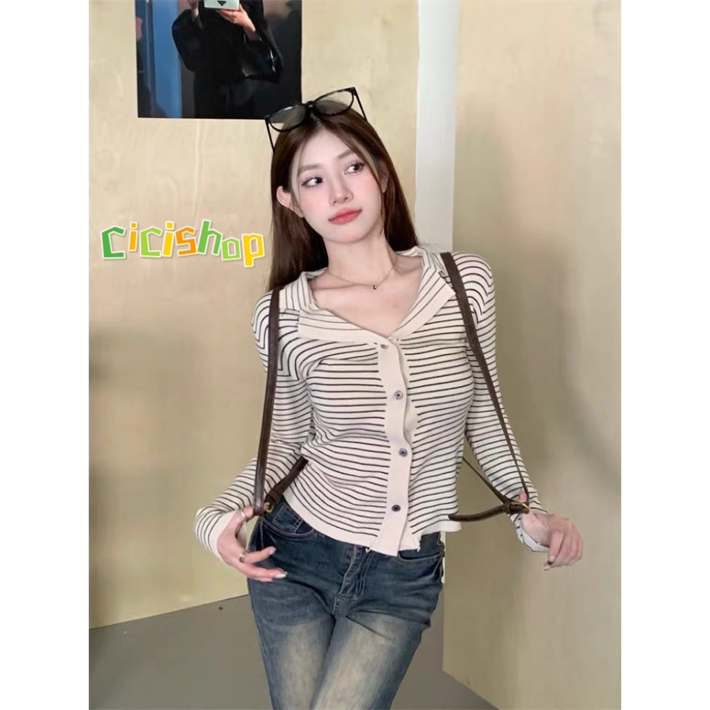 Cicishop(C1715)Strip Top เสื้อไหมพรมแขนยาวลายทางผ้าknitt ดีเทลคอปกกระดุมผ่ากลางใส่แมตช์ง่าย