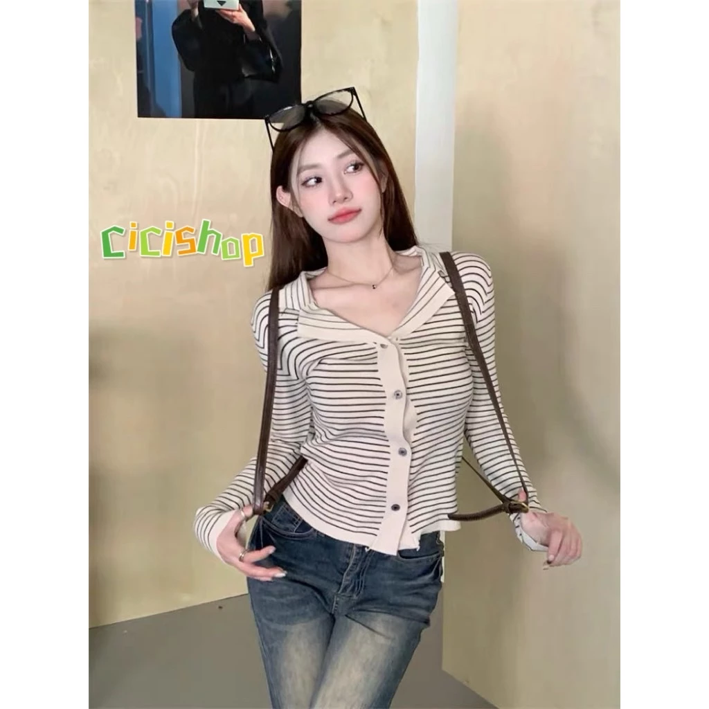 Cicishop(C1715)Strip Top เสื้อไหมพรมแขนยาวลายทางผ้าknitt ดีเทลคอปกกระดุมผ่ากลางใส่แมตช์ง่าย