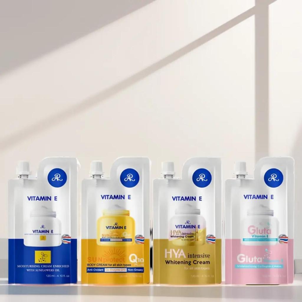 AR Vitamin E Body Cream 100 ml. ครีมบำรุงผิววิตามินอี มีหลายสูตรให้เลือก ไฮยาลูรอน กลูต้า คิวเทน