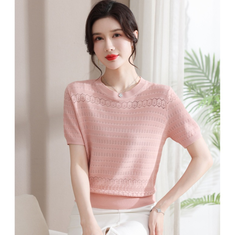 4สี พร้อมส่ง เสื้อคอกลม แขนสั้น ฉลุลายสวยๆ หรูดูแพง แนวสีพาสเทล