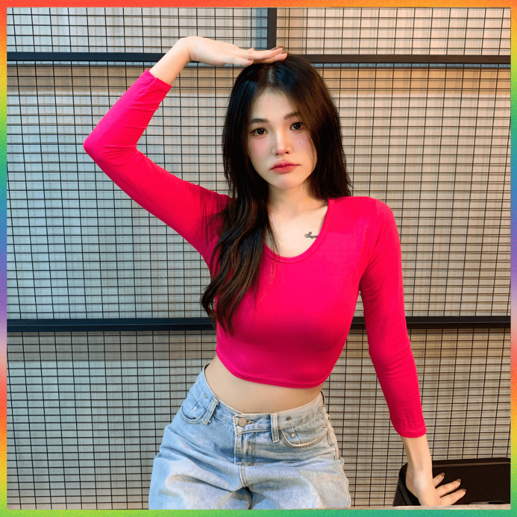 MesubShop เสื้อครอปแขนยาว ทรงคอกลม ผ้าเรย่อน   ยืดเยอะมาก รุ่น WAN B-046-3-A