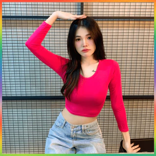 🌈MesubShop🌈เสื้อครอปแขนยาว ทรงคอกลม ผ้าเรย่อน 🧨 ยืดเยอะมาก รุ่น WAN B-046-3-A