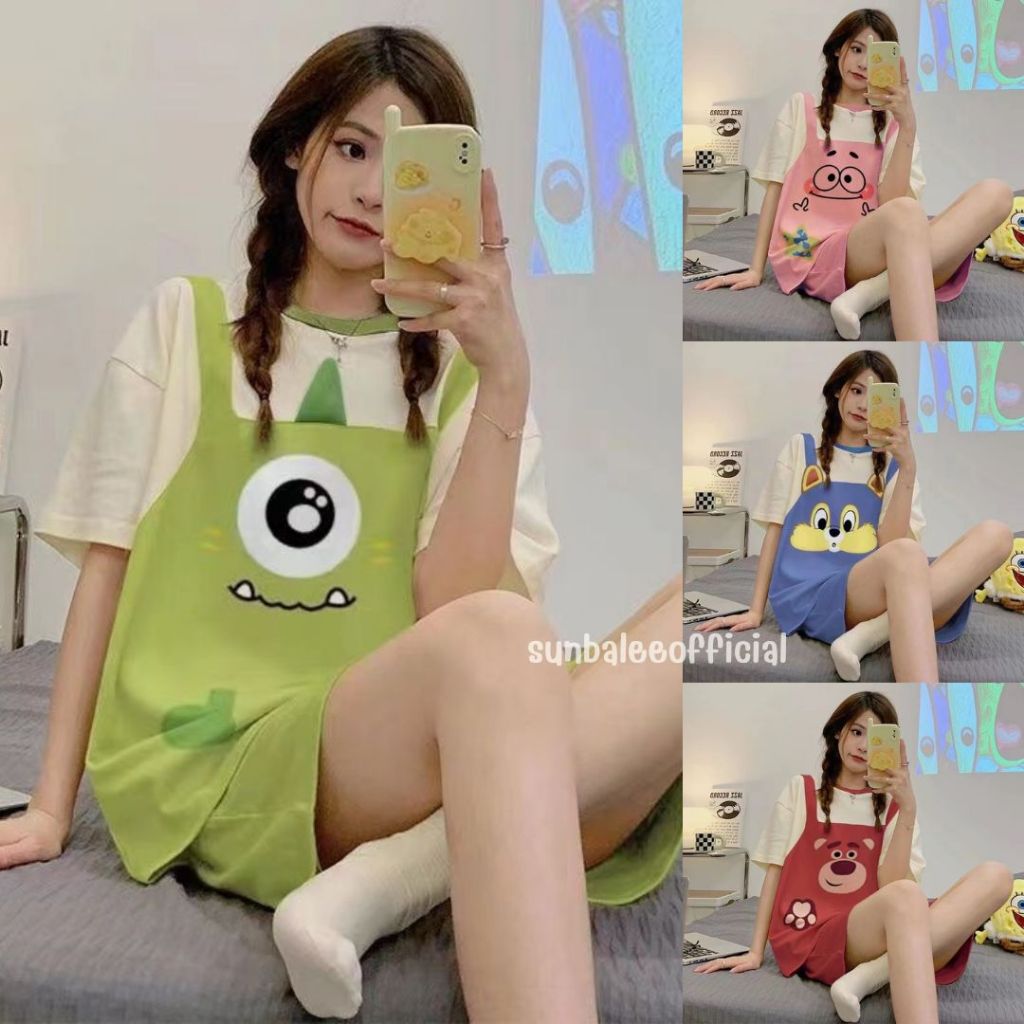 PKU🍑 ชุดนอนคอตตอน ลายการ์ตูน ผ้านิ่ม ใส่สบาย ชุดนอนแขนขาสั้น ชุดนอนคอกลม Freesize พร้อมส่ง