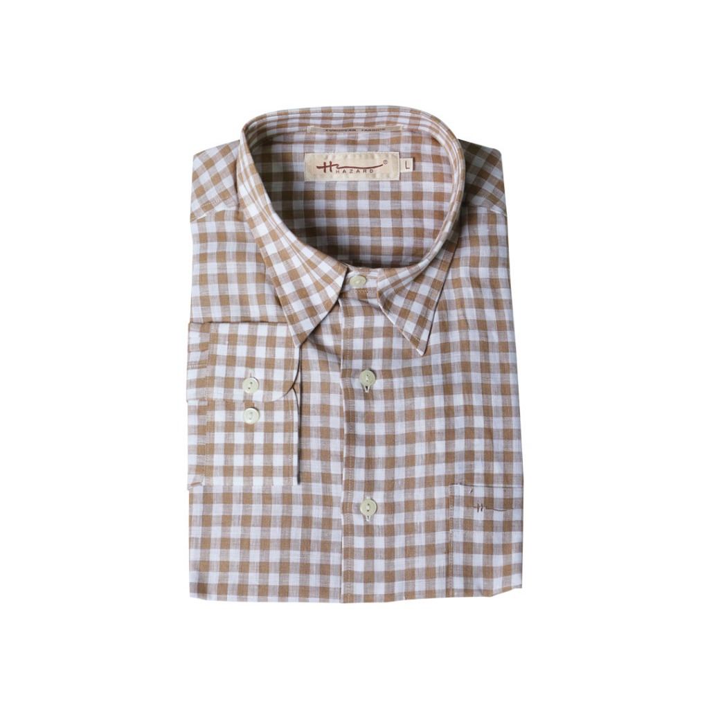 Hazard เสื้อเชิ้ตทำงานแขนยาวลายสก็อต ผ้า Linen(ลินิน) สีครีมน้ำตาล