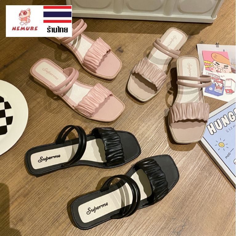 (S-1091) รองเท้าแตะแฟชั่นผู้หญิง แบบสวม แต่งสายรัดหน้าเท้า สายนิ่ม สีหวาน สาวออฟฟิศ สไตล์เกาหลี มี 3 สี เลือกสีได้