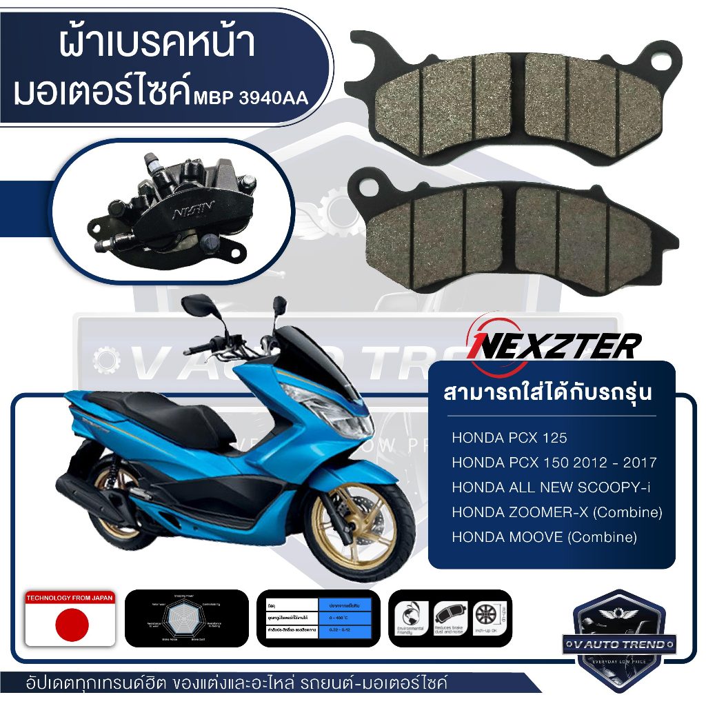 NEXZTER ผ้าเบรคหน้า 3940AA HONDA PCX 125,PCX 150 (2012-2017),ALL NEW SCOOPY i,ZOOMER X,MOOVE เบรค ผ้