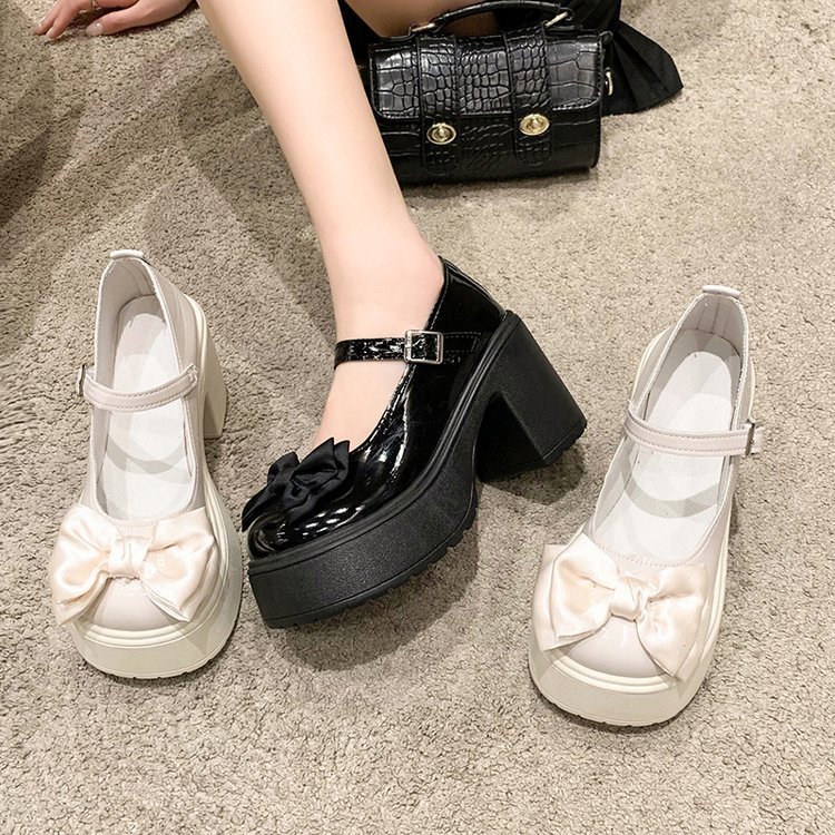 🎀ส่งจากไทย🎀รองเท้าส้นสูงแฟชั่นสตรี ส้นหนา ตกแต่งโบว์ รองเท้าหนังแมรี่เจนสไตล์เกาหลี ส้นรองเท้าสูง 9cm