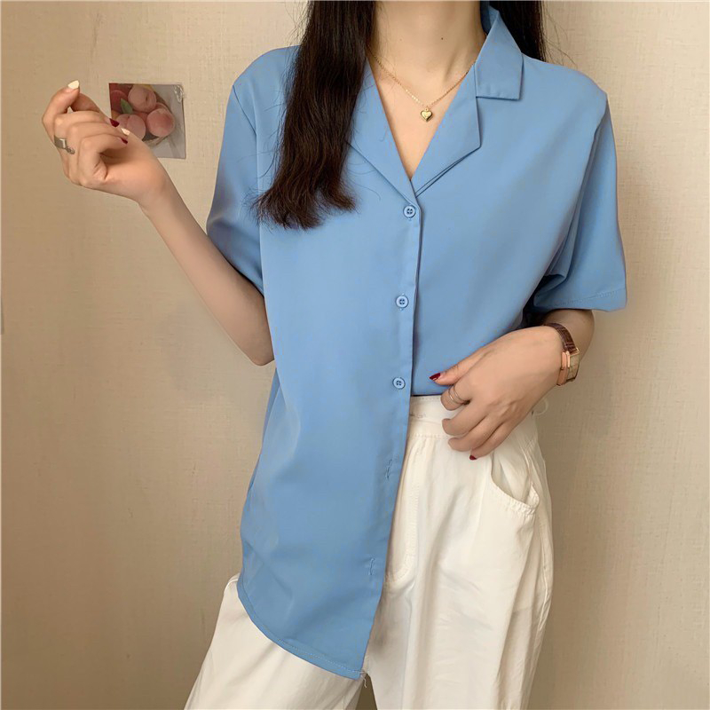 เสื้อเชิ้ตเกาหลี แขนสั้น สีพื้น มีไซซ์ M L XL XXL ชาย/หญิงใส่ได้ คุณภาพดี ราคาถูก สีฟ้า