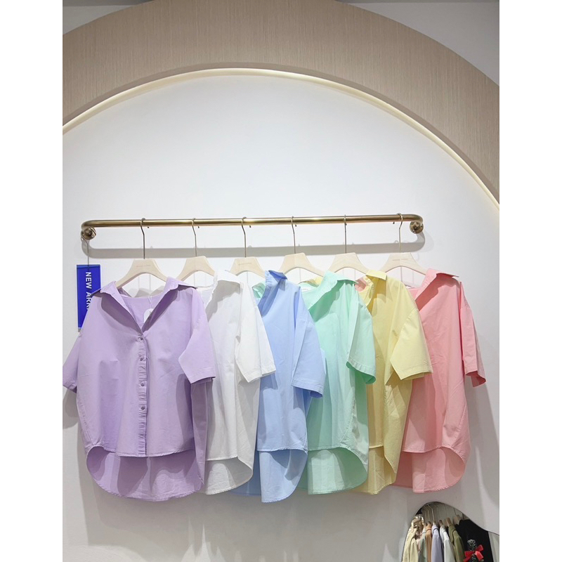พร้อมส่ง เสื้อเชิ้ตเก๋ไก๋เกาหลี แขนสั่นใส่ง่ายไม่ต้องรีด คอปก เสื้อทำงาน โอเวอร์ไซส์ผู้หญิง เชิ้ตขาว แฟชั่นเกาหลี