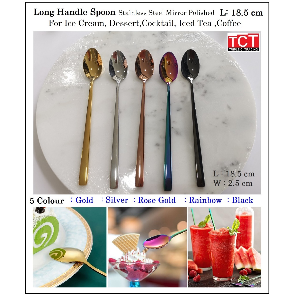 ช้อนด้ามยาวสแตนเลส เกรด 304 ช้อนกาแฟ ช้อนไอศกรีม ขนาด 18.5 ซม. Long Handle Spoon