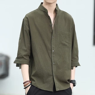 เสื้อเชิ้ตผู้ชายแขนสั้น เสื้อคอจีน ผ้าฝ้าย และผ้าลินิน ใส่สบาย เหมาะกับเดินชายหาด พร้อมส่ง