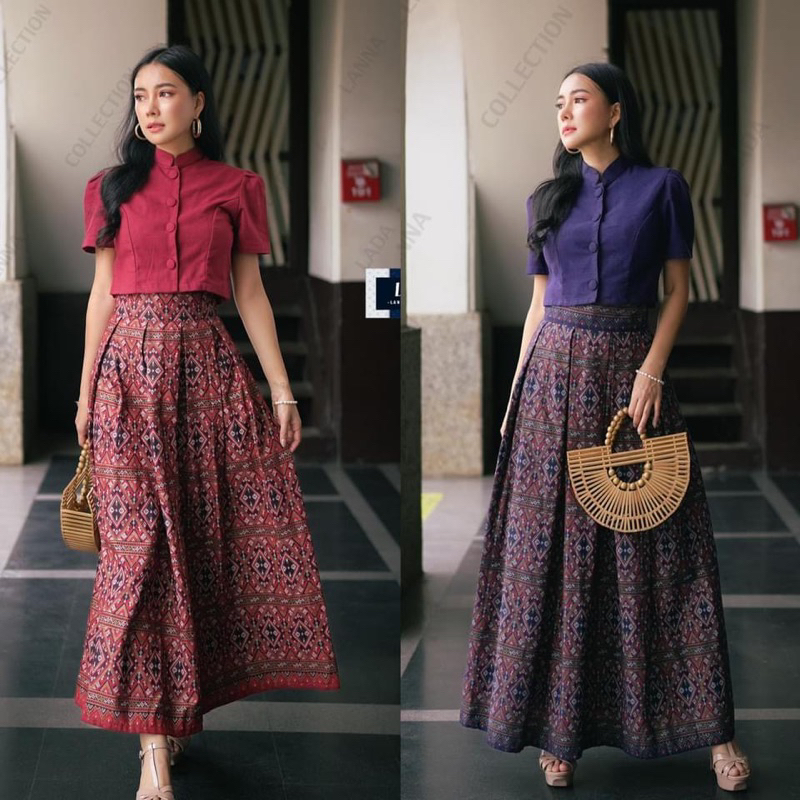 เสื้อจิตรลดาแบบครอปตัวสั้น แขนสั้น ใส่สบาย มาคู่กับกระโปรงเอวสูงลายแพรวา