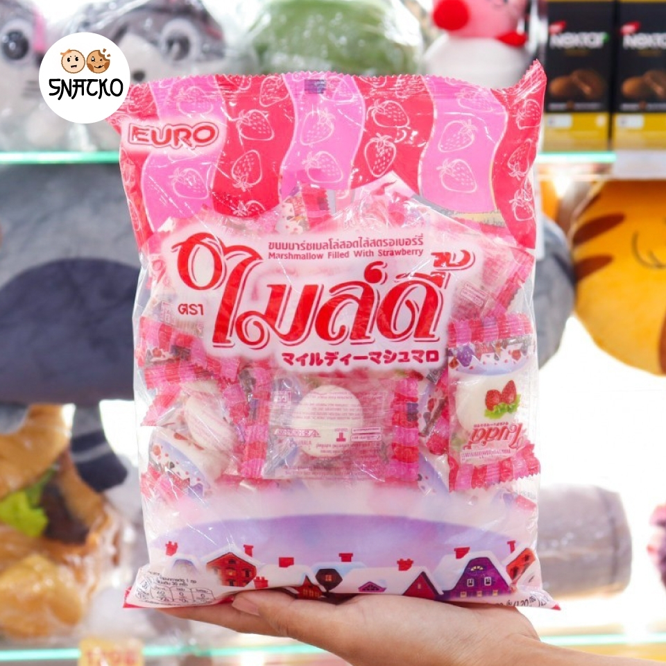 สินค้าขนมขายดี ไมล์ดี้ มาซเมลโล่ สอดไส้ รส สตรอเบอรี่ 4 กรัม จำนวน 30 ชิ้น น้ำหนัก 120 กรัม(001746)