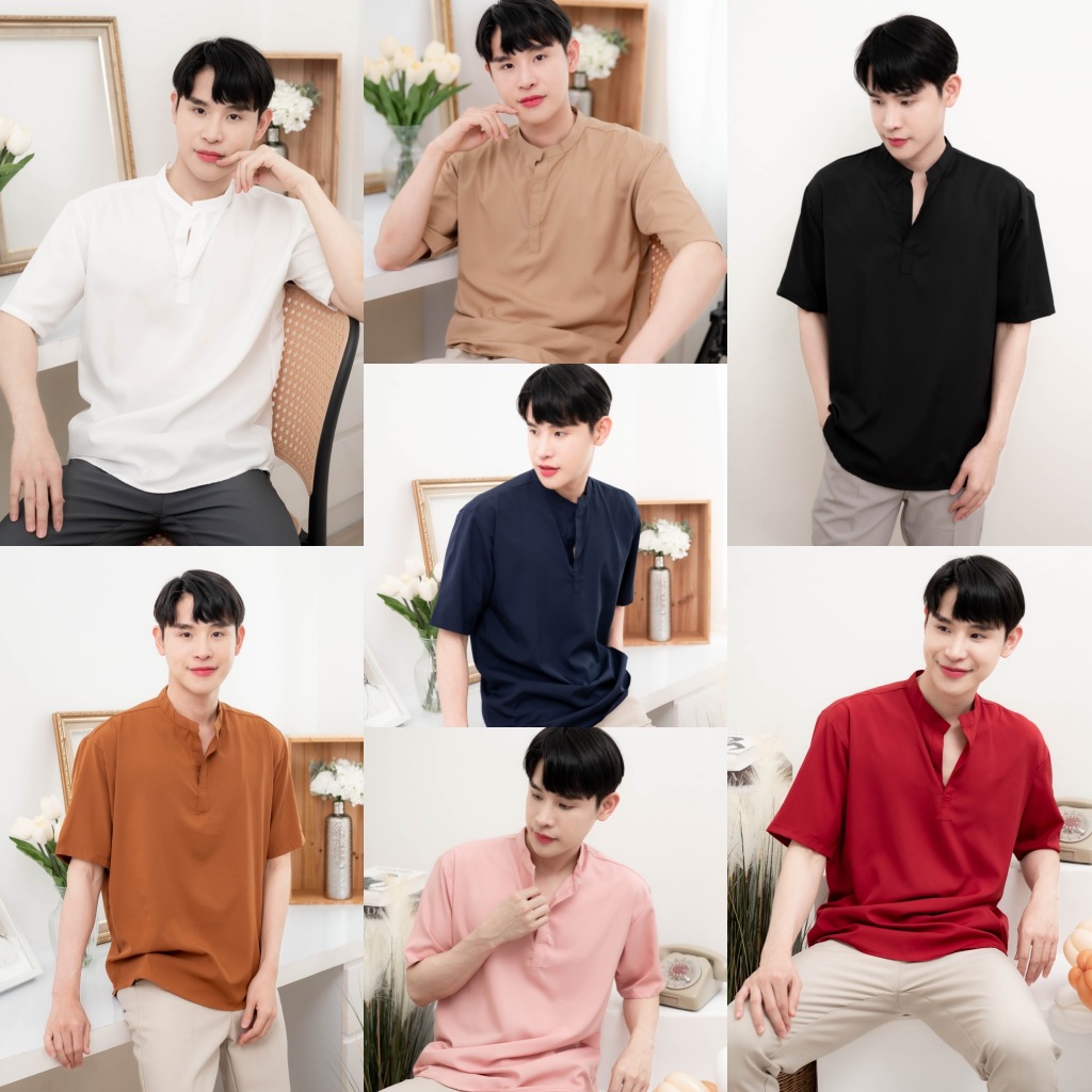 S14: เสื้อเชิ้ตแขนสั้นคอจีน รุ่นไม่มีกระดุม สไตล์เกาหลี ผ้านิ่มใส่สบายไม่ร้อน มีไซซ์ M L XL 2XL