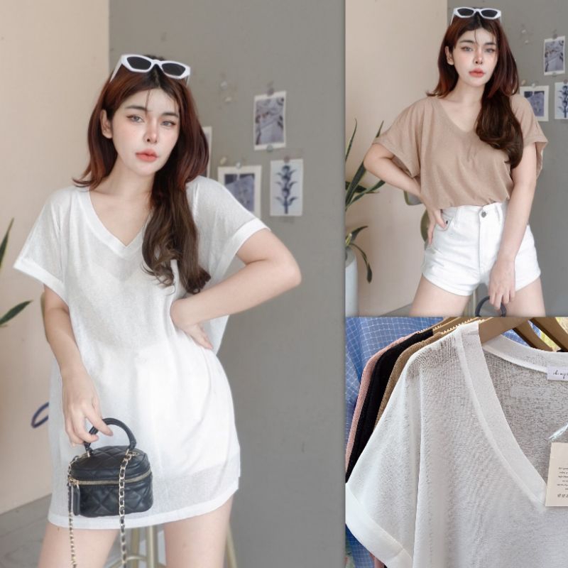 เสื้อคอวีแขนล้ำผ้าสลาฟทรงแขนเบิ้ลOversize