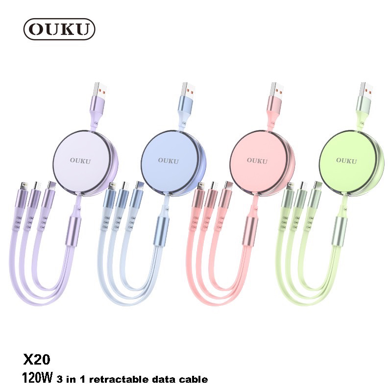 NEW!! OUKU X20 3in1 สายชาร์จ 3 หัว พร้อมตลับเก็บสายชาร์จ Fast Charger 120W ความยาว1.2 เมตร สำหรับ iOS + Micro + Type-C
