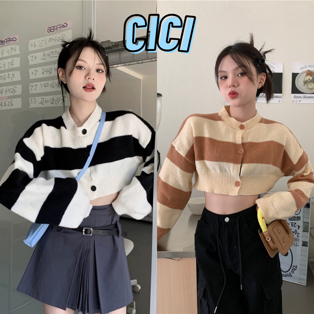 Cici(NO.Z1064)เสื้อครอปไหมพรมแขนยาวกระดุมหน้าลายทาง น่ารักกมากกมินิมอลสุด