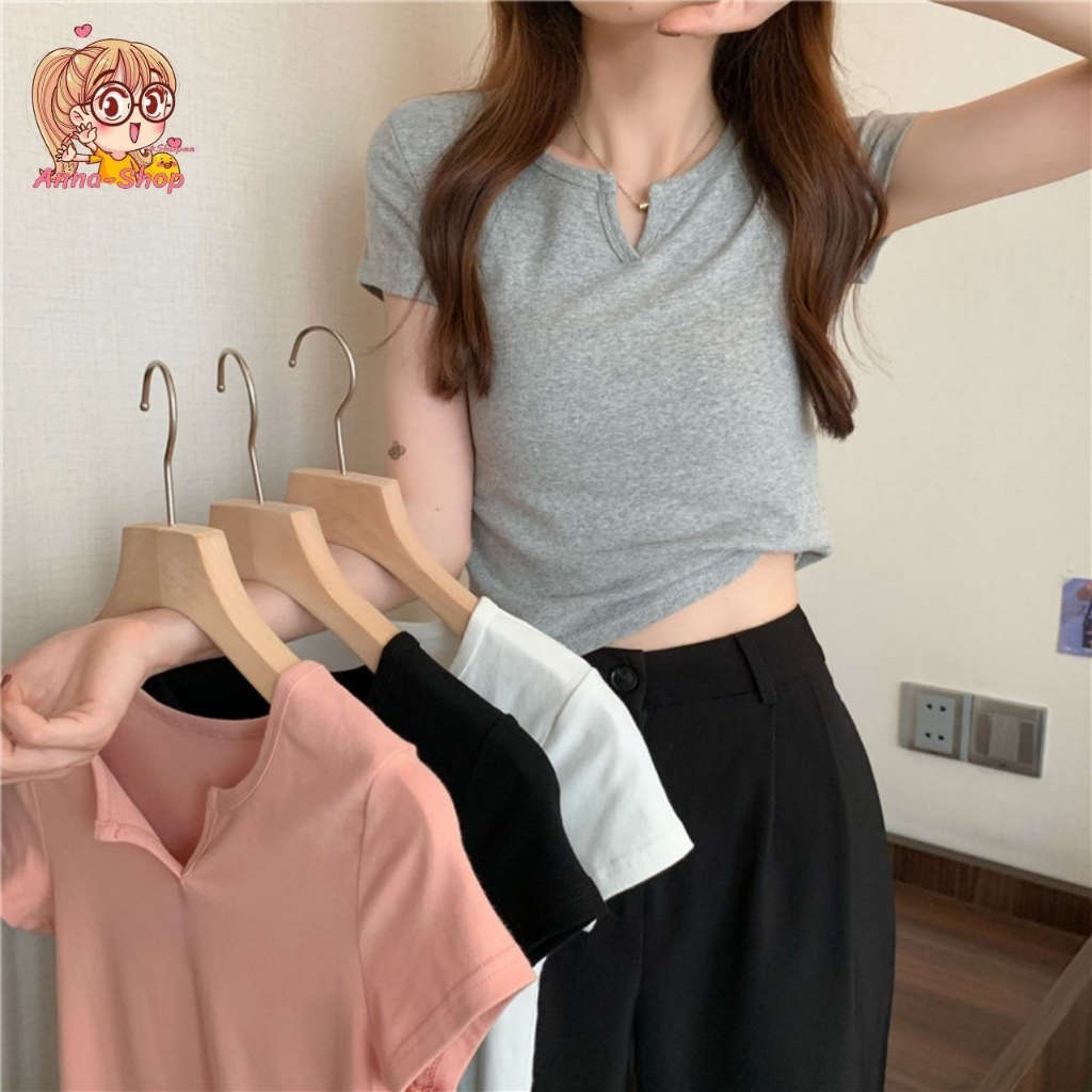 annacny เสื้อผ้าผู้หญิง แฟชั่นเสื้อยืดคอวี น่ารัก เอวลอย สีพื้น พร้อมส่ง TS415