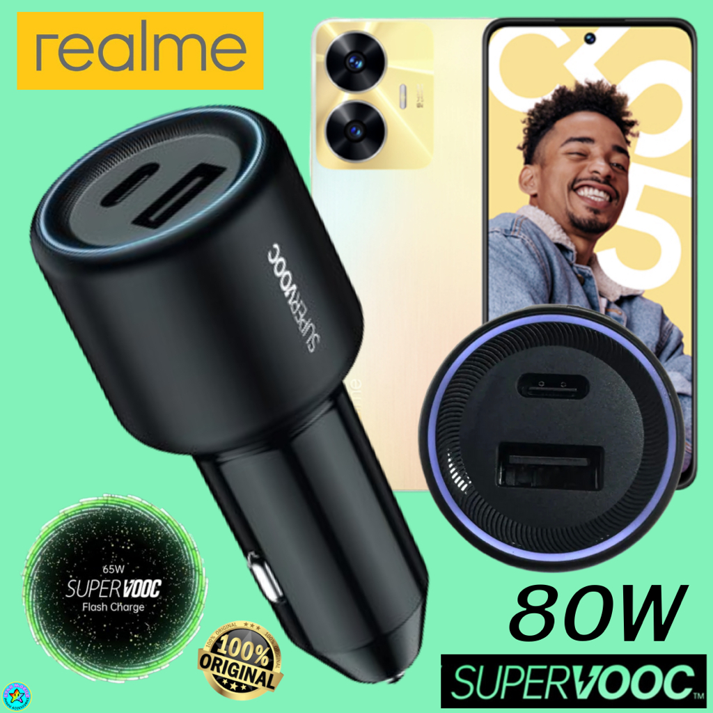 ที่ชาร์จ ในรถยนต์ Realme Oppo Car Charger 80W Max Super Vooc Duo Usb-C + Usb-A การชาร์จเร็วแบบพิเศษ 