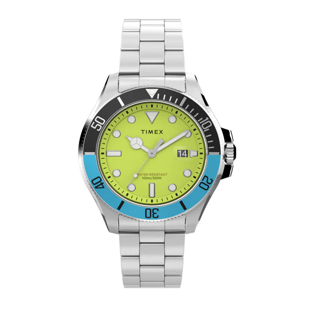 TIMEX TW2V65300 Harborside Coast นาฬิกาข้อมือผู้ชาย สายสแตนเลส สีเงิน/เขียว/ฟ้า หน้าปัด 43 มม.