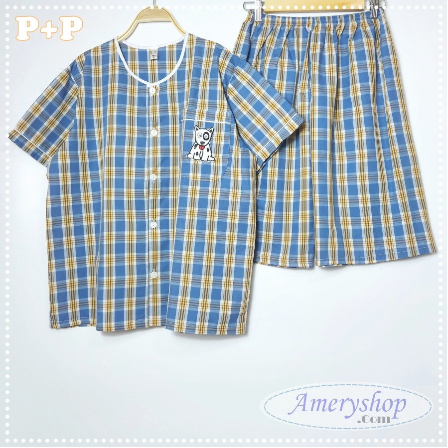 ชุดนอนผู้ใหญ่ (P+P) ฟรีไซส์ แขนสั้น-ขา3ส่วน คอกลมกระดุมผ่าหน้า ลายสก็อต – โปรปัง
