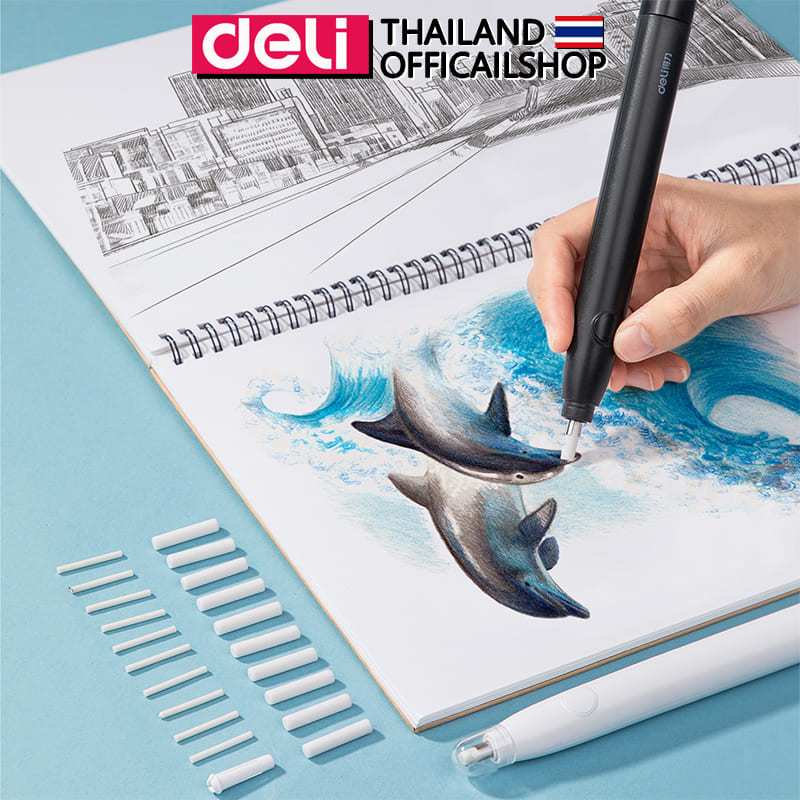 ยางลบไฟฟ้า Deli ใช้พลังงานแบตเตอรี่ เปลี่ยนไส้ได้ พร้อมไส้รีฟิล ลบสะอาด กระดาษไม่ขาด ใช้งานง่าย ไม่ทิ้งรอยดำ พร้อมส่ง
