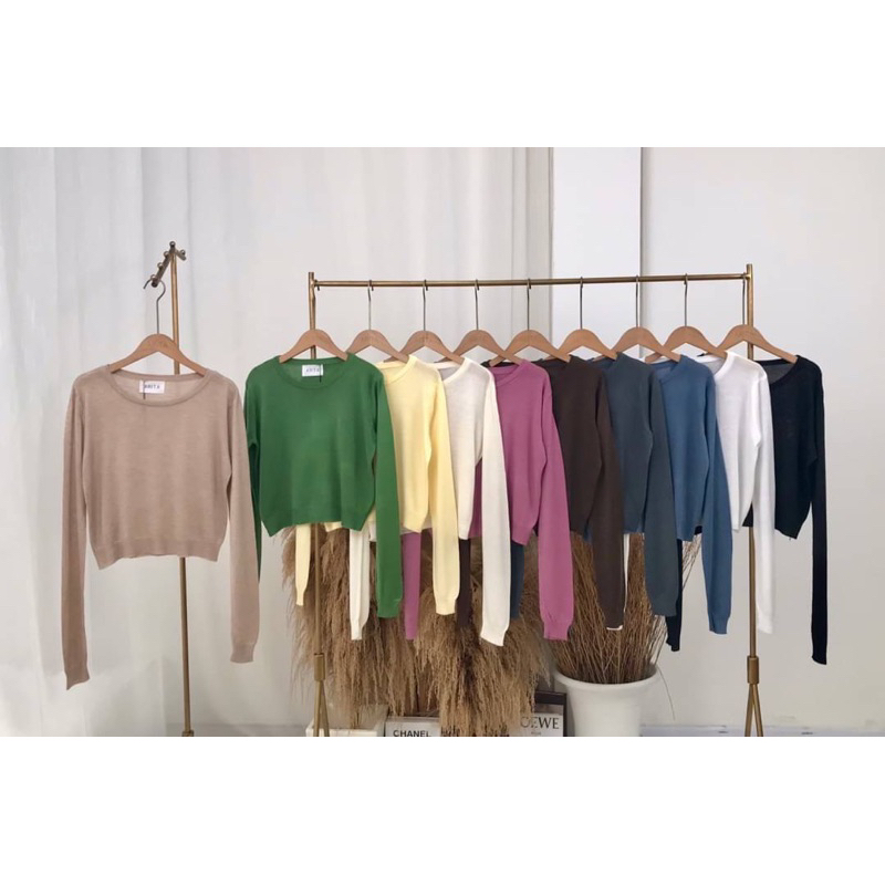 พร้อมส่ง เสื้อครอปไหมพรมแขนยาวผ้าบางเนื้อนุ่ม
