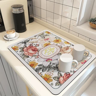 แผ่นยางรองจาน ดูดซับน้ำได้ดี แบบแห้งเร็ว ลายดอกไม้สวยงาม สไตล์นอร์ดิก สําหรับห้องครัว