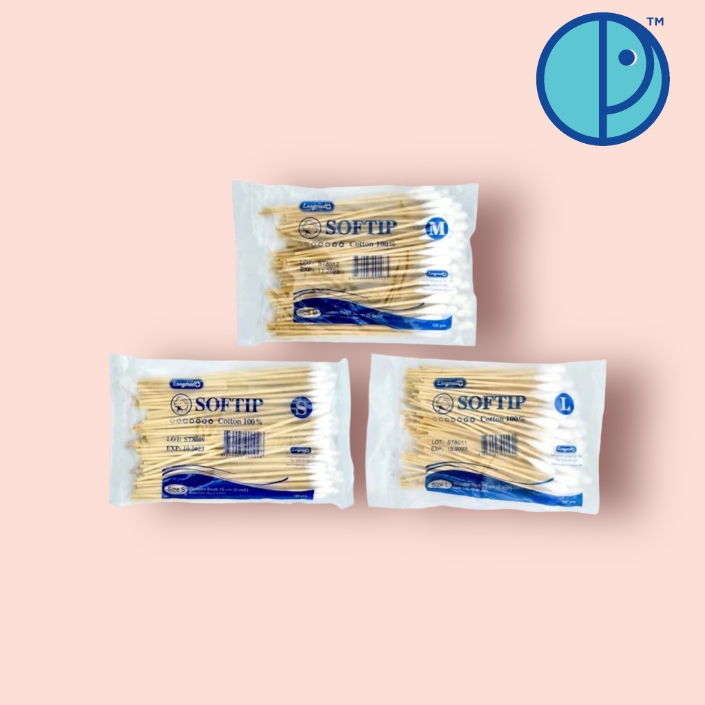 [ยกแพ็ค10ห่อ] SOFTIP ไม้พันสำลี Cotton 100% ก้านยาว 6 นิ้ว ใช้ทำความสะอาด 100 ก้าน /ห่อ ( SIZE S , M , L )