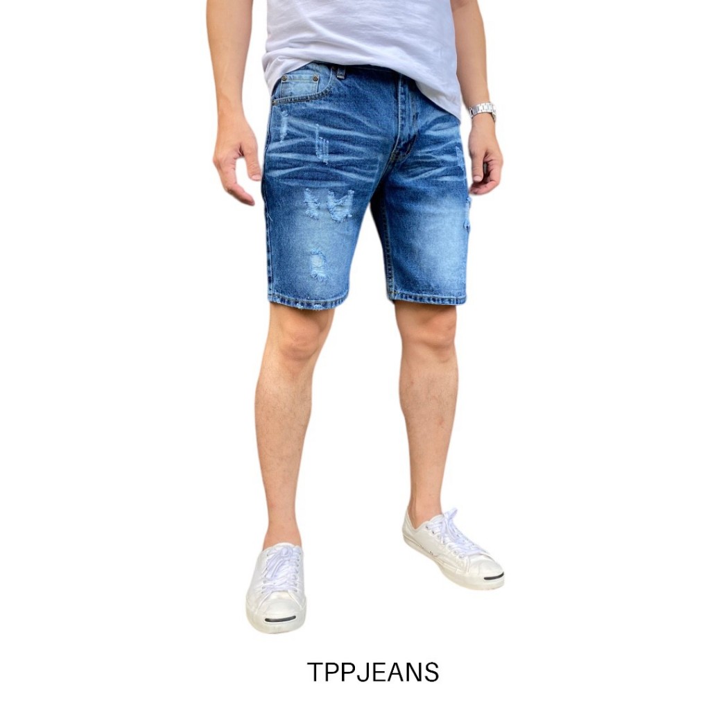 JEANSEXPRESS กางเกงยีนส์ขาสั้นชายทรงเหนือเข่า สีบลูฟอกแต่งสะกิดขาดเซอร์ ทรงสวย เป้าซิป Size 28-36